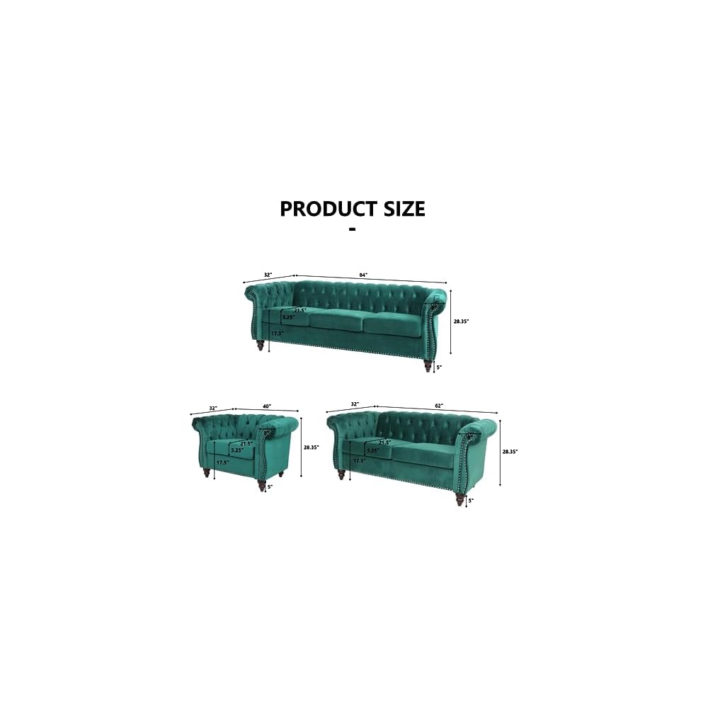 Home Sofa Living Room Furniture, 3 Seater 84" Velvet Upholstered Couch, Mid Century Modern Comfy Couch with Cushions, Classic Tufted Chesterfield Couches for Bedroom, Office, Apartment (Green)