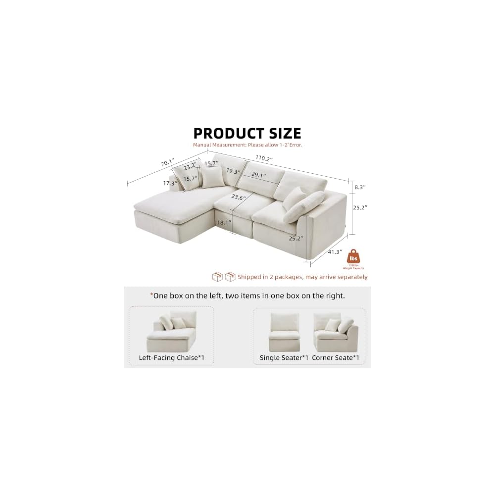 Boneless Sectional with Chaise, 110" L-Shaped Cloud Couch for Living Room, Deep Seat Chenille Floor Sofa, Frameless Modular Lounge Set (Beige, Left Facing Chaise)
