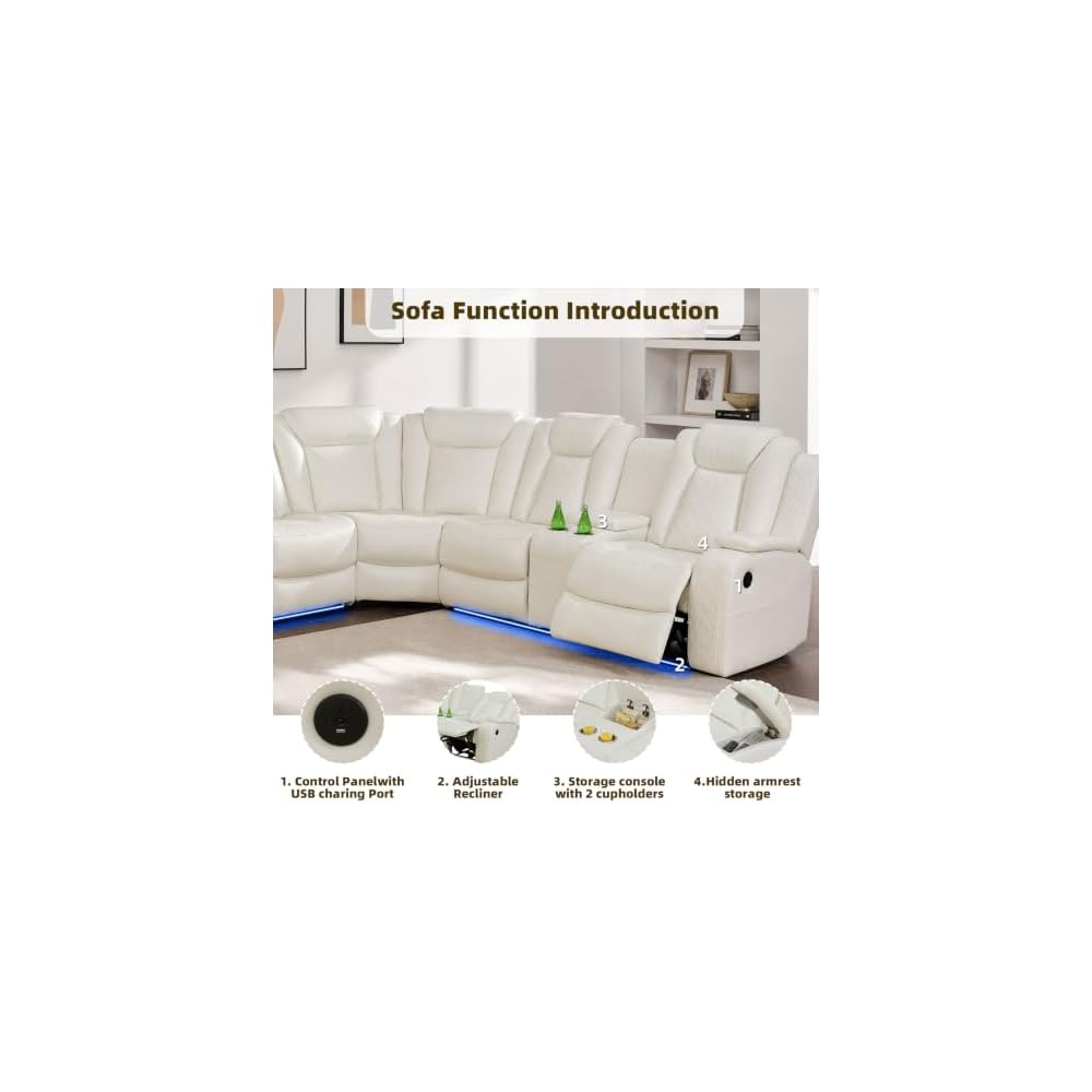 Power Reclining Living Room Sofa Furniture Set, Leather Reclining Couch with LED Ambient Light, Home Theater Seating with USB Ports/Wireless Power, Storage Console & Cup Holders, Beige