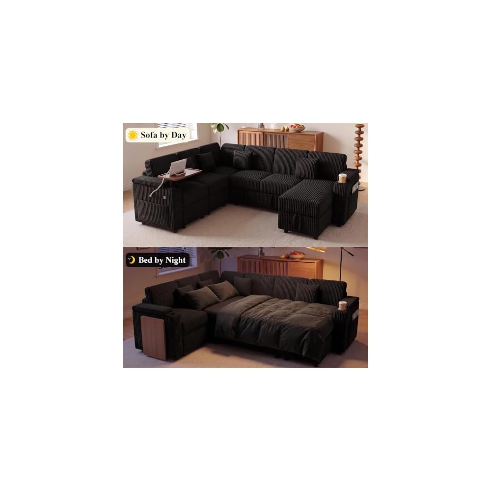 100" 7-seat Modular U-Shaped Storage Sofa with Pull Out Bed