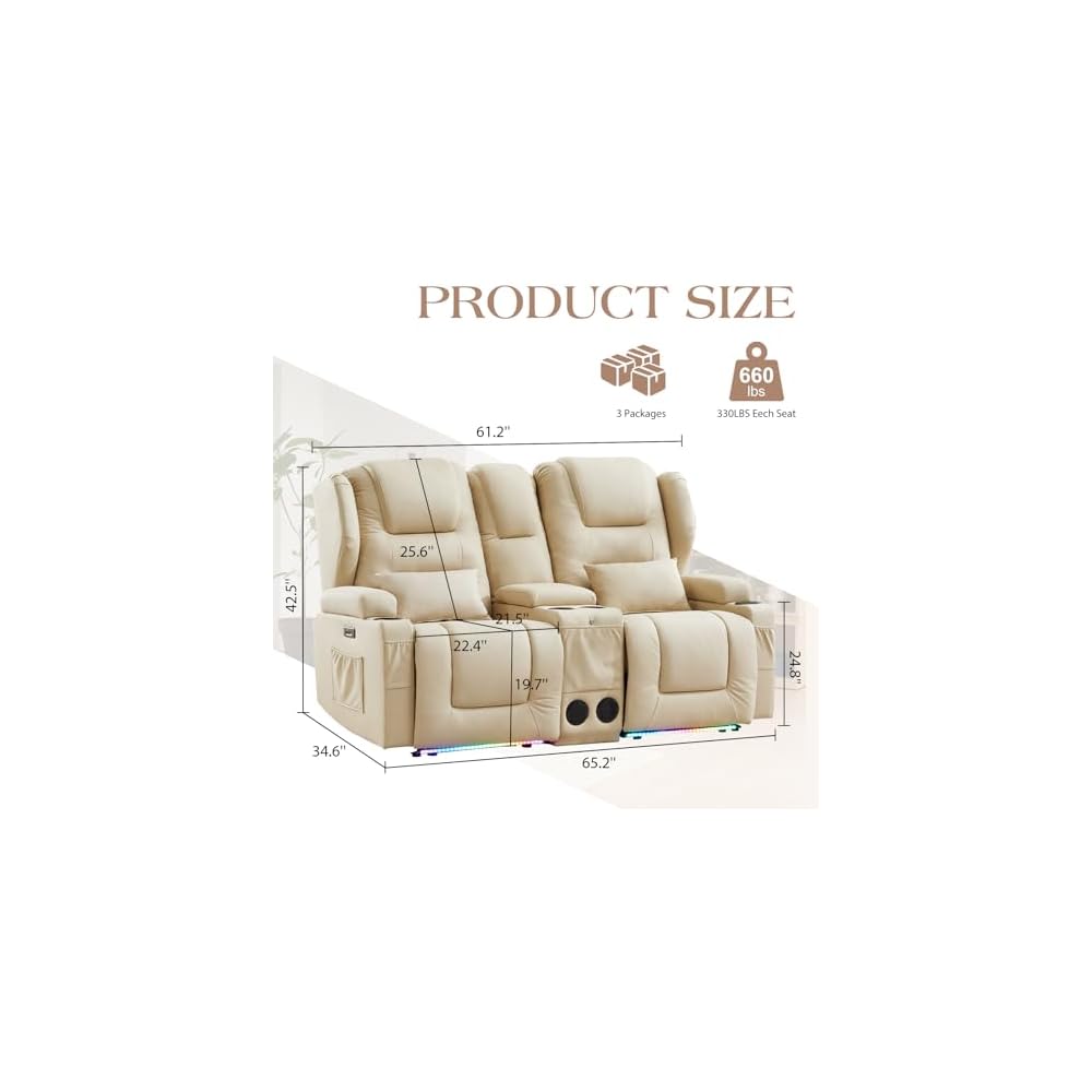 Loveseat Power Recliner Sofa Couch Electric Reclining Sofa Chair for Living Room with Multi-Function Console/Cup Holders/LED Ambient Light