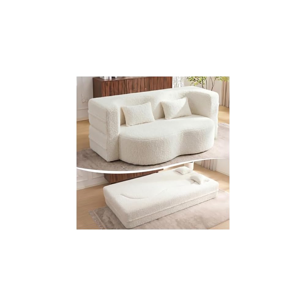 78" Convertible Folding Sofa Bed, Full Size Floor Sleeper Sofa with 2 Pillows, Foam Futon Loveseat Couch for Living Room Apartment Office, Boneless Couch No Assembly Required, (Teddy, Beige/White)
