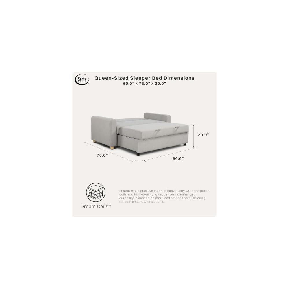Tulsa 72" Convertible Sleeper Loveseat, Queen Size, Dreamcoil Comfort, FingerGuard Pinch Point Protection, Woven Fabric, Light Gray