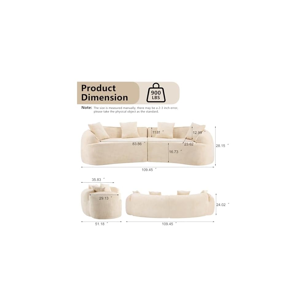 109'' Modern Curved Sectional Sofa, Luxury Plush Chenille Upholstered Couch, Comfy Cloud Compressed Sofa with 4 Pillows for Living Room Apartment Office, No Assembly Needed, Beige