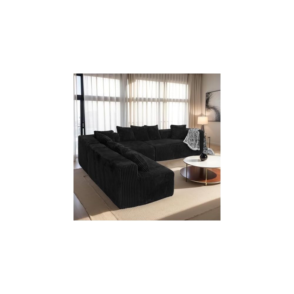 130" Modular Boneless Couch Convertible Sleeper Sofa Corduroy Sectional Sofa for Living Room Modern Cloud Couch with Deep Seat Chaise Comfy Oversize 4-6 Seat No Assembly (Black)