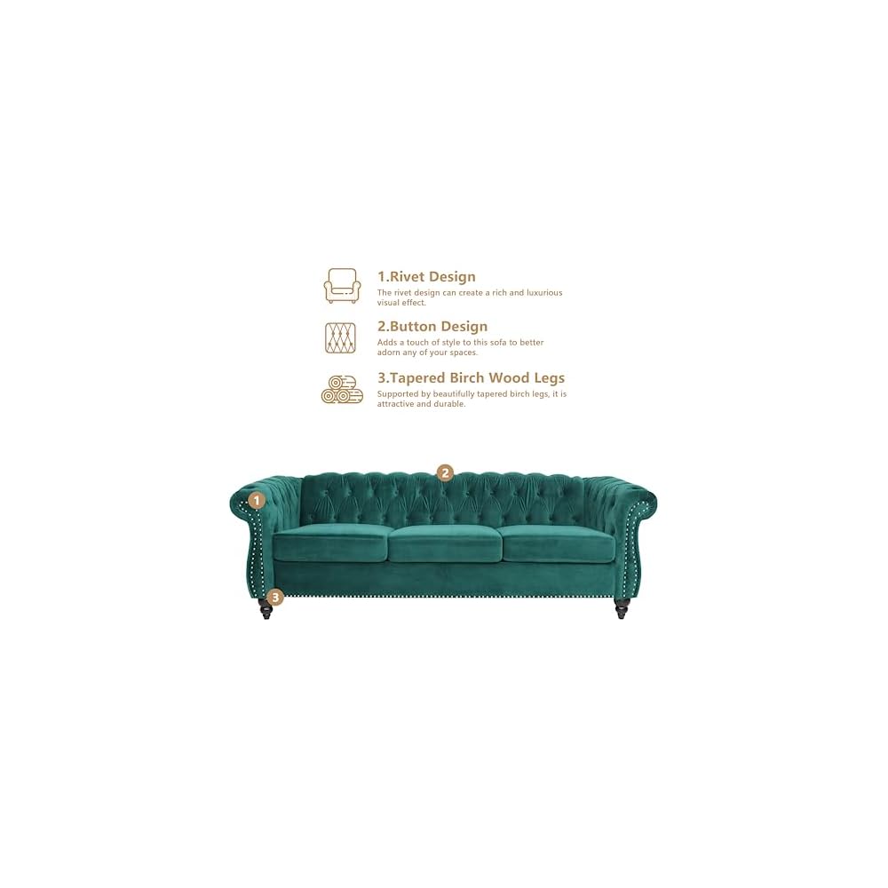 Home Sofa Living Room Furniture, 3 Seater 84" Velvet Upholstered Couch, Mid Century Modern Comfy Couch with Cushions, Classic Tufted Chesterfield Couches for Bedroom, Office, Apartment (Green)