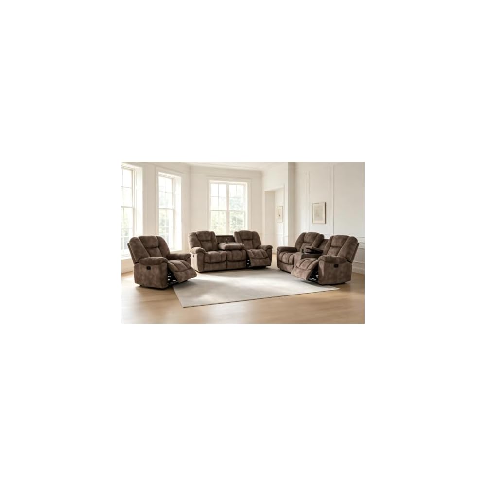 Fabric Recliner Sofa Set with Cup Holder, 3 Pieces Living Room Furniture Sets, Manual Reclining Sofa Set with Storage, Modern Reclining Couches for Living Room/Office, Brown