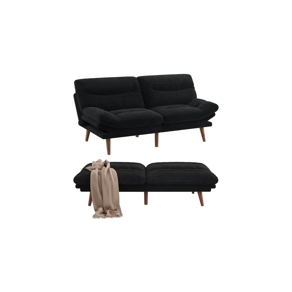 Futon Sofa Bed, Modern 66" Futon Couch Convertible to Bed & Lounger, Compact Size, Corduroy Loveseat, Durable Construction - Fits Small Spaces, Apartments,Study Room(Ink Black, 66 Inch)
