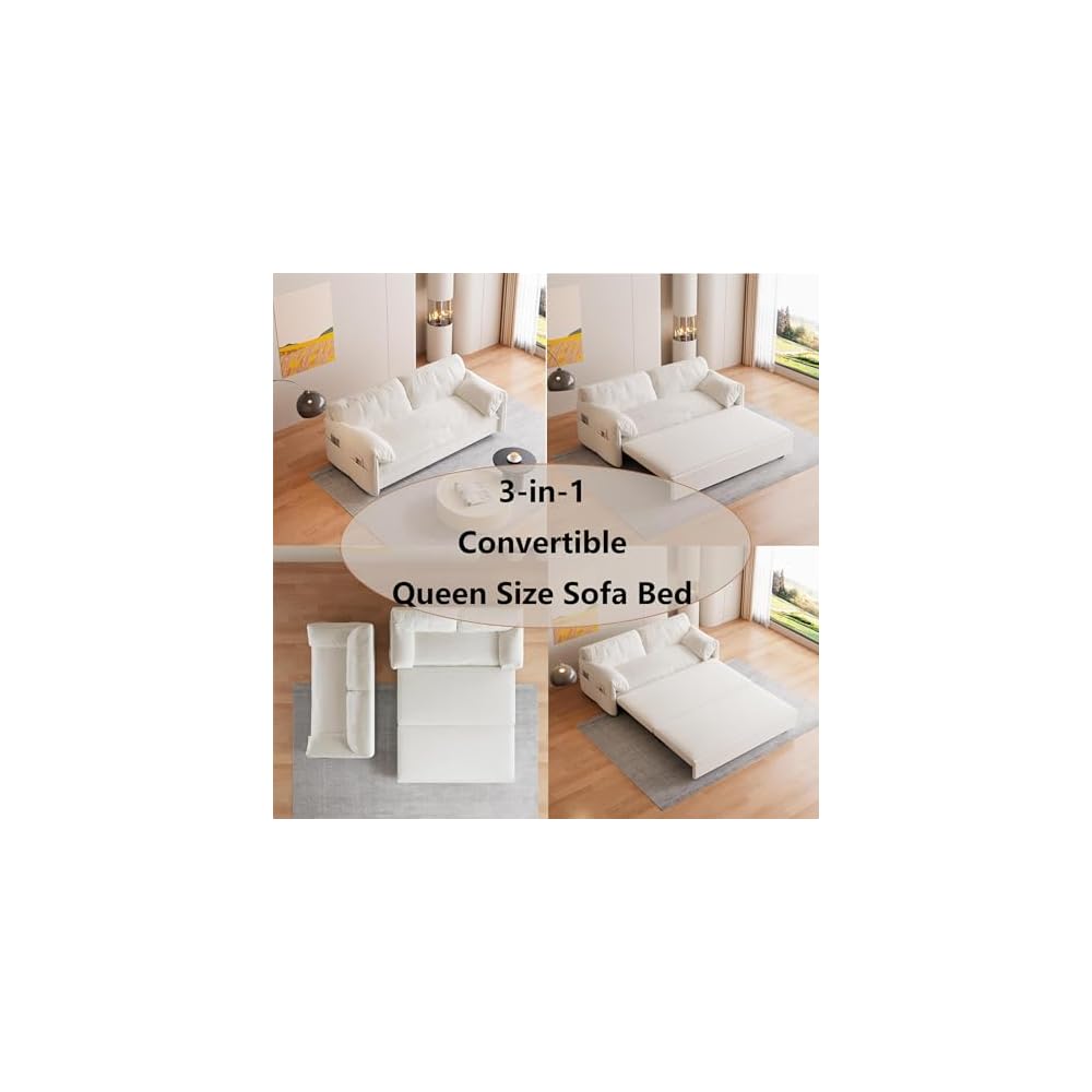 63.8" Convertible Sleeper Sofa,3-in-1 Queen Pull Out Couch with Side Pockets,Multi-Functional Velvet Loveseat Bed for Living Room,Bedroom,Apartment,Office,Beige