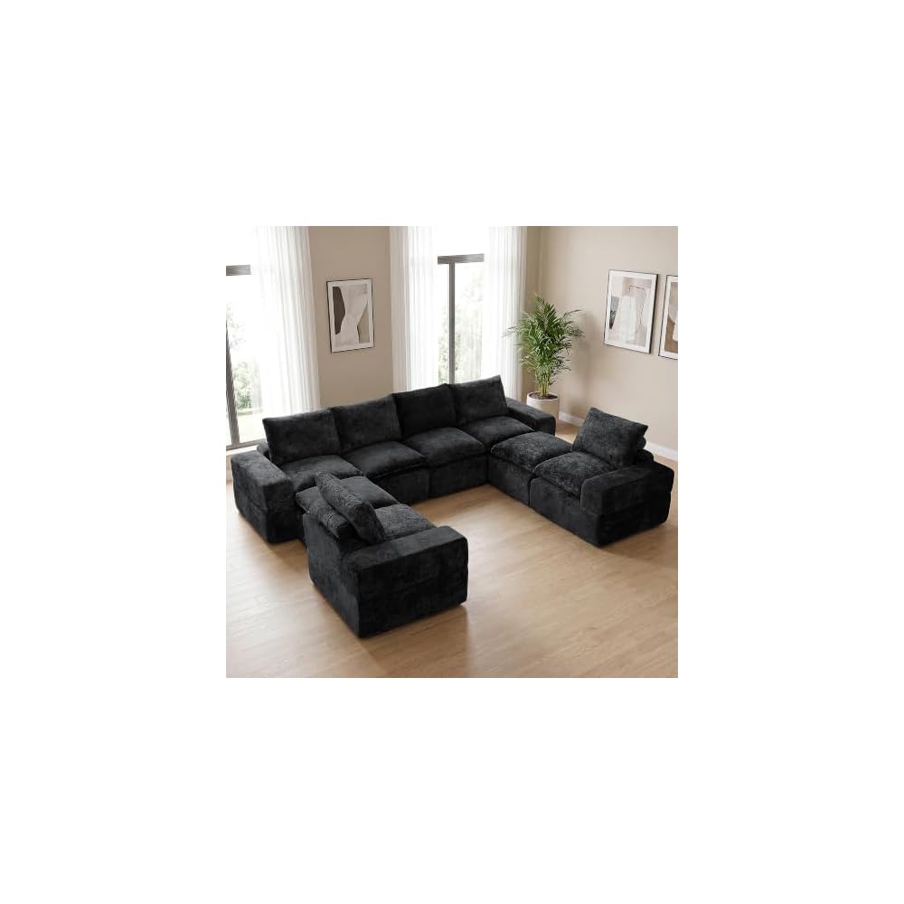 130" U Shaped Modular Sectional Sofa, 8 Seat Cloud Couch, Black