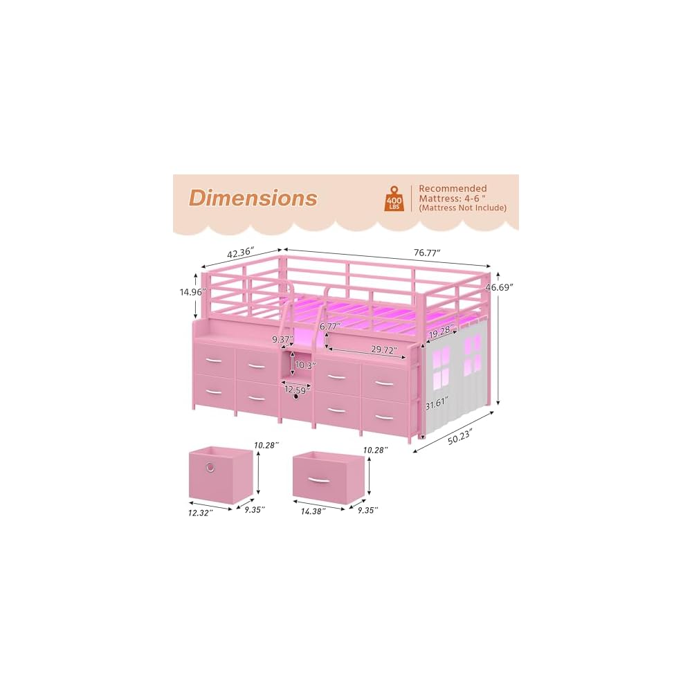 Low Loft Bed Twin Size with 9 Storage Drawers for Kids, Pink
