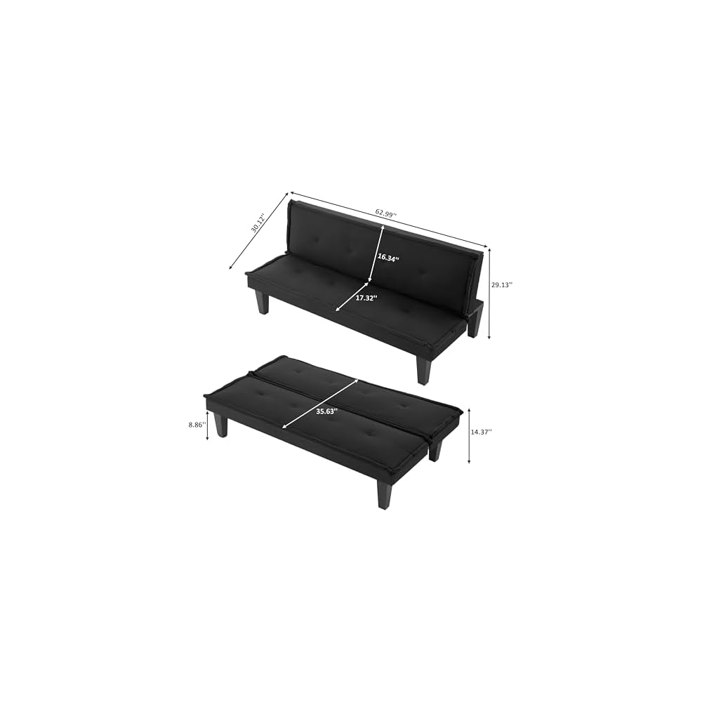 62.99" Faux Suede Futon Sofa Bed, 5‑Position Adjustable Backrest, Convertible Sleeper Couch, Suitable for Living Rooms & Offices, Black