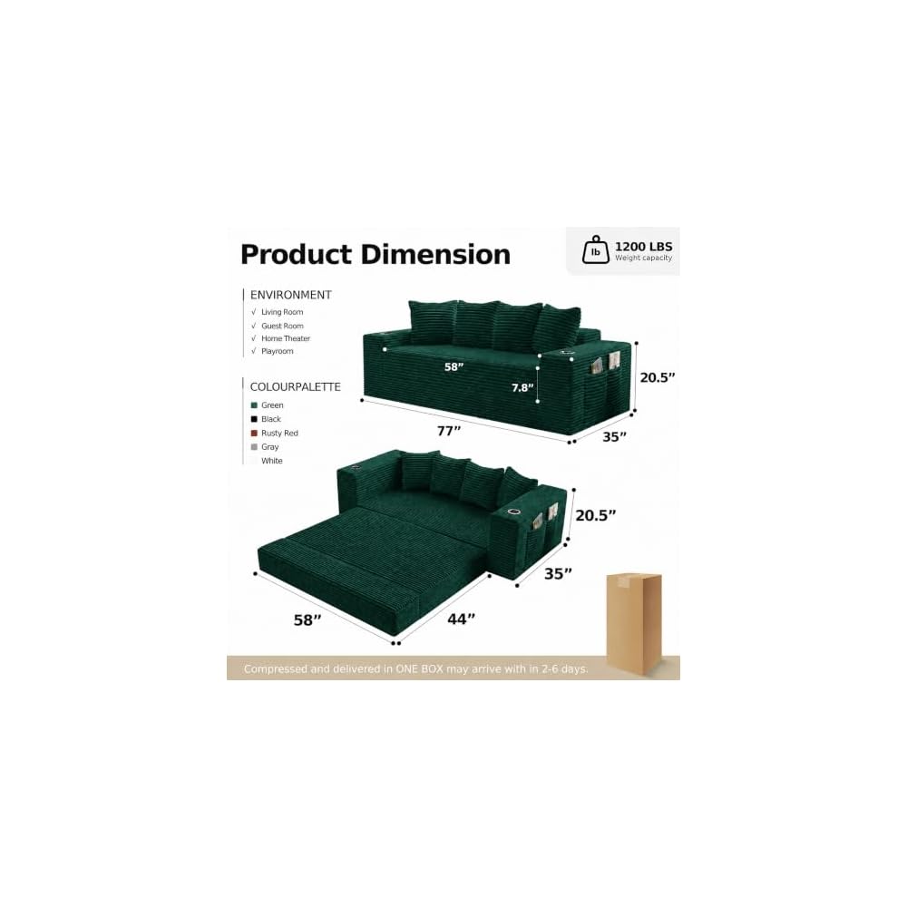 77 Inch Convertible Boneless Sleeper Sofa Bed, Modular Foldable Floor Couch, Corduroy Fabric, Memory Foam Comfy Loveseat for Living Room with Cup Holders & Pocket, Assembly Free, Green