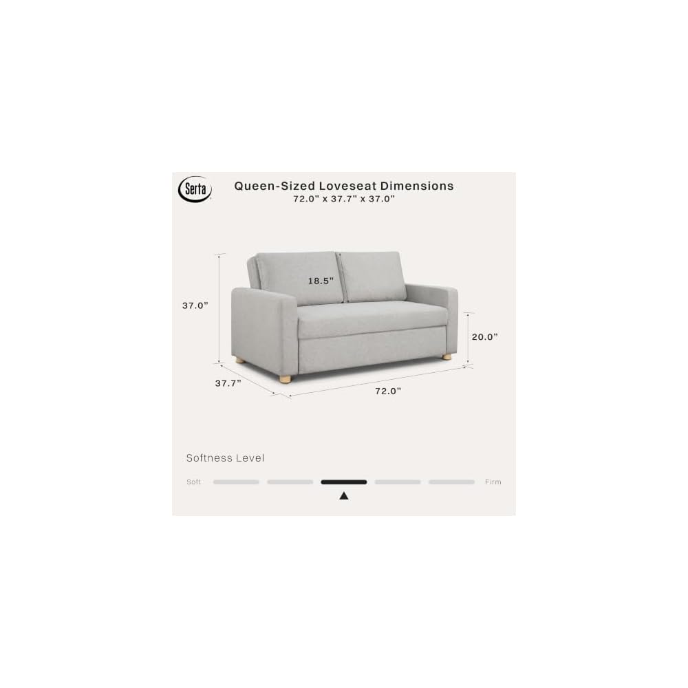 Tulsa 72" Convertible Sleeper Loveseat, Queen Size, Dreamcoil Comfort, FingerGuard Pinch Point Protection, Woven Fabric, Light Gray