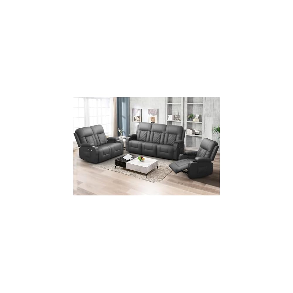 Oversized Recliner Sofa Set with 3+2+1 Pieces in Living Room, 1 Reclining Loveseat Couch, 1 Recliner Chair with 360 Degree Swivel Single Sofa Seat, 3 Seats Dual Reclining Sofa with USB Ports