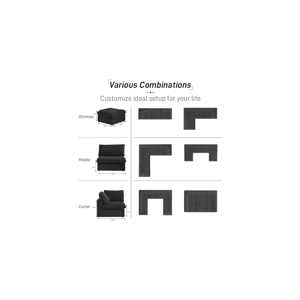 Cloud Couch Modular Sectional Sofa with Storage Ottomans,160.6" Down Filled 6 Seater Convertible Sectional Sofas,V Shaped Black Couch for Living Room,Covers Washable&Replaceable