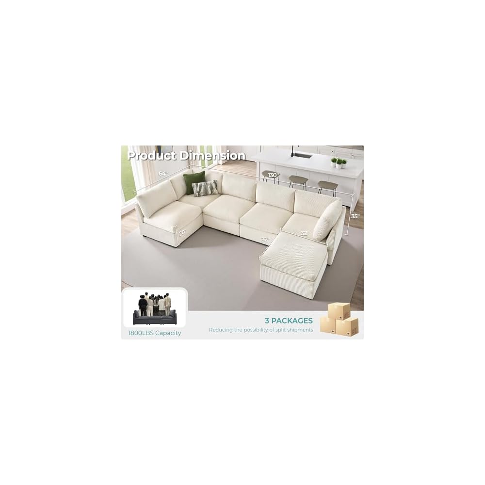Oversized Cloud Couch Sectional, U-Shaped Modular Couch, Beige