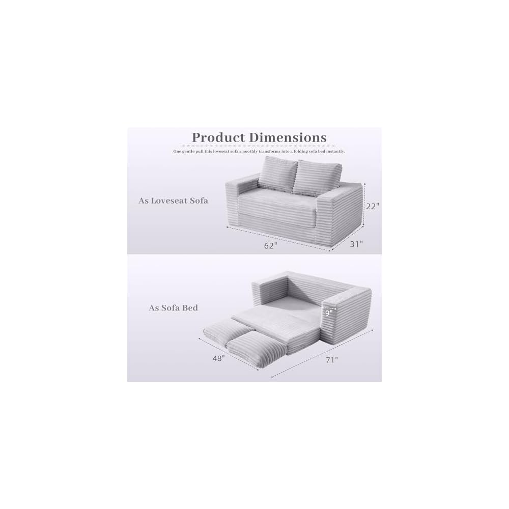62" Boneless Couch,3-in-1 Convertible Folding Sofa Bed,Light Grey