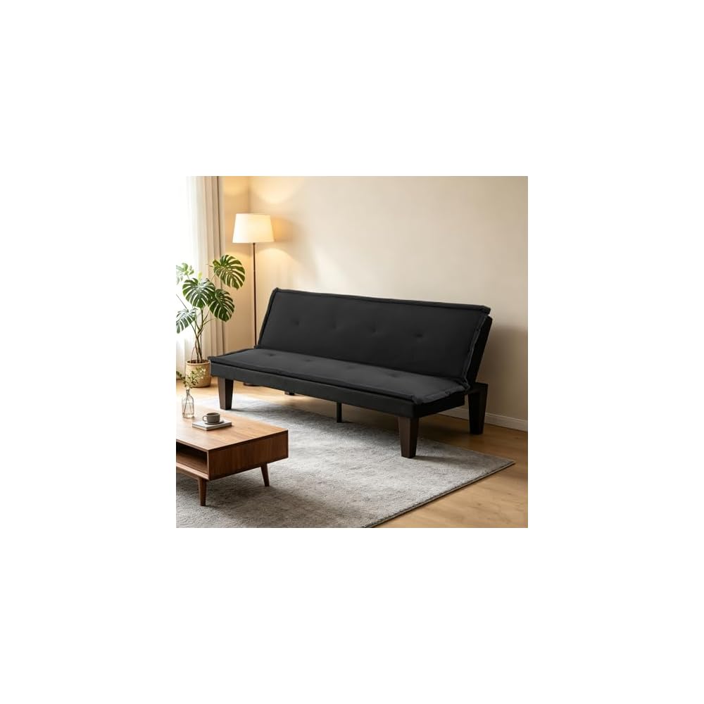 62.99" Faux Suede Futon Sofa Bed, 5‑Position Adjustable Backrest, Convertible Sleeper Couch, Suitable for Living Rooms & Offices, Black