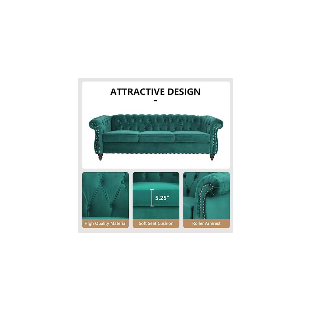 Home Sofa Living Room Furniture, 3 Seater 84" Velvet Upholstered Couch, Mid Century Modern Comfy Couch with Cushions, Classic Tufted Chesterfield Couches for Bedroom, Office, Apartment (Green)
