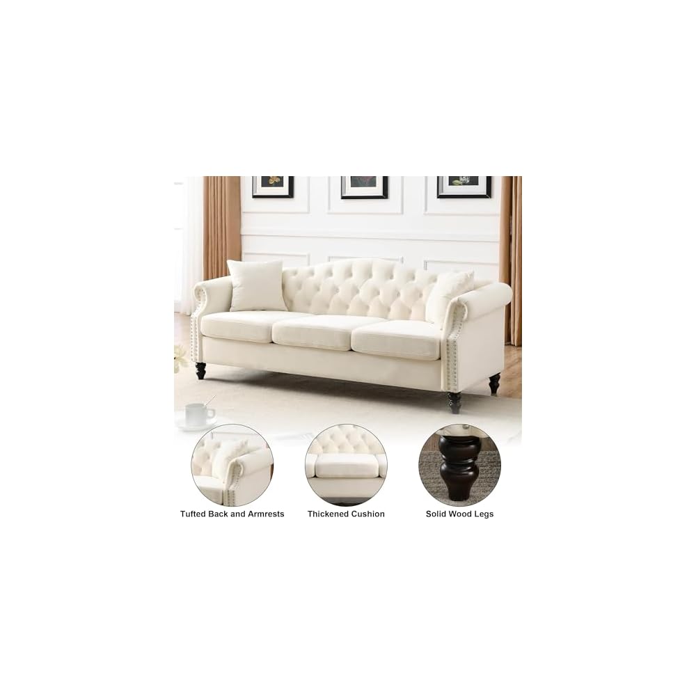 Chesterfield Sofa Couch Set for Living Room, 79" 3 Seater + 57" Loveseat Velvet Tufted Couch, Mid Century Traditional Couches with Metal Legs, 4 Pillows, Rolled Arms & Nailhead for Bedroom, Beige