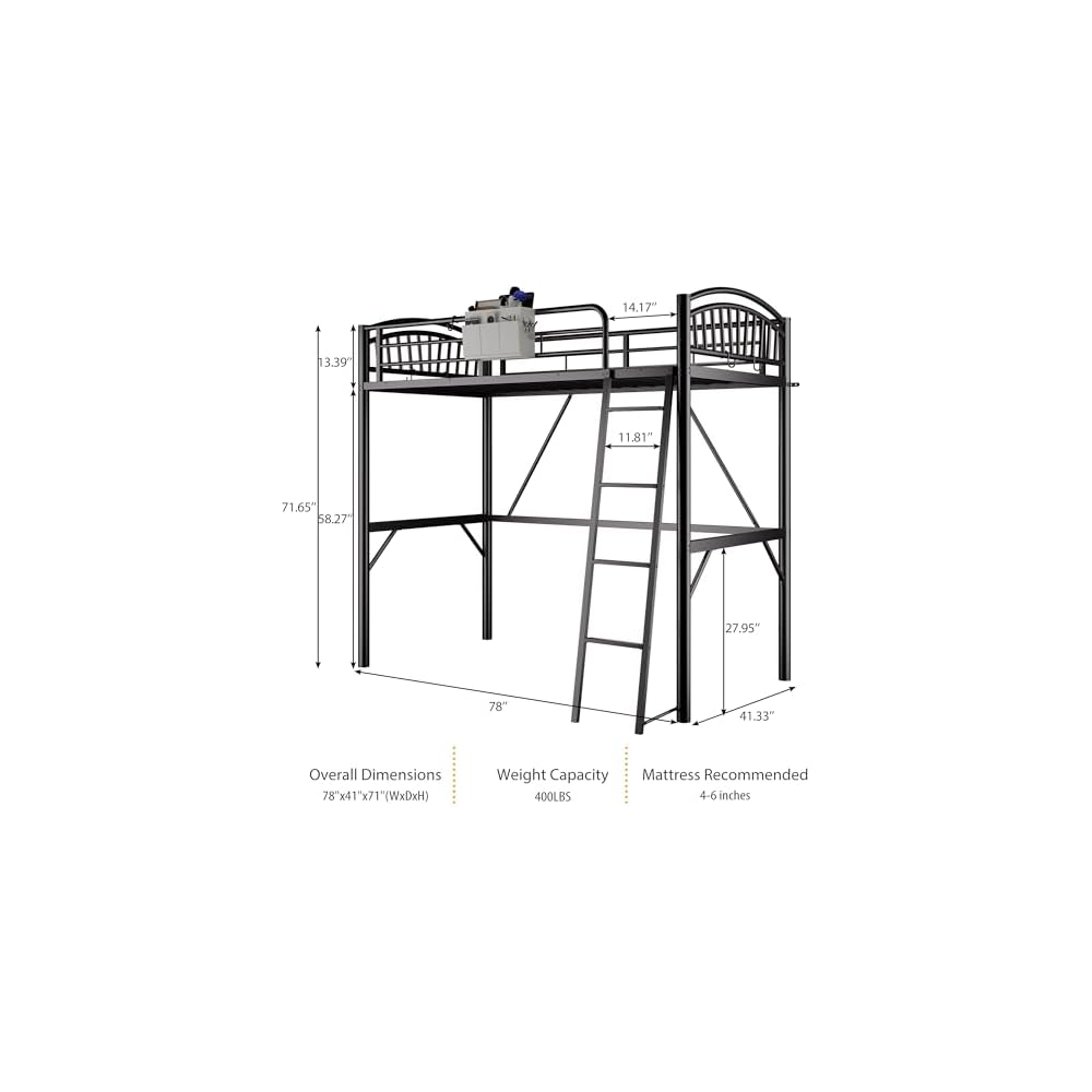 Metal Loft Bed Twin Size, Heavy Duty Loft Bed with Bedside Caddy, EVA Anti-Slip Ladder with Sturdy Guardrails, Space-Saving Twin Size Loft Bed for Teens & Adults for Bedroom Dorm (Black)