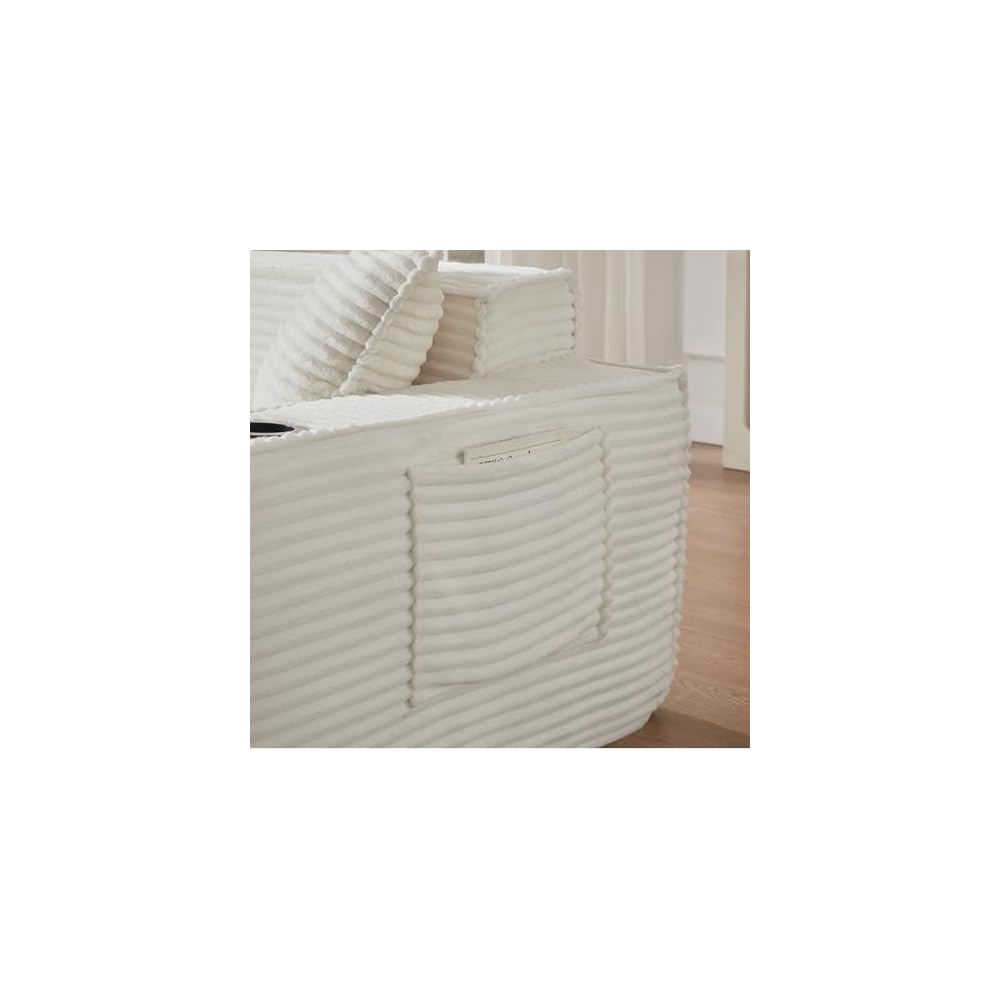 43.3" Boneless Chair for Living Room, 1 Seater Cloud Sofa with Sidepockets & Cupholders, Corduroy Floor Chair with Pillows Modern Singles Sofa Chair for Living Room, Small Space, White