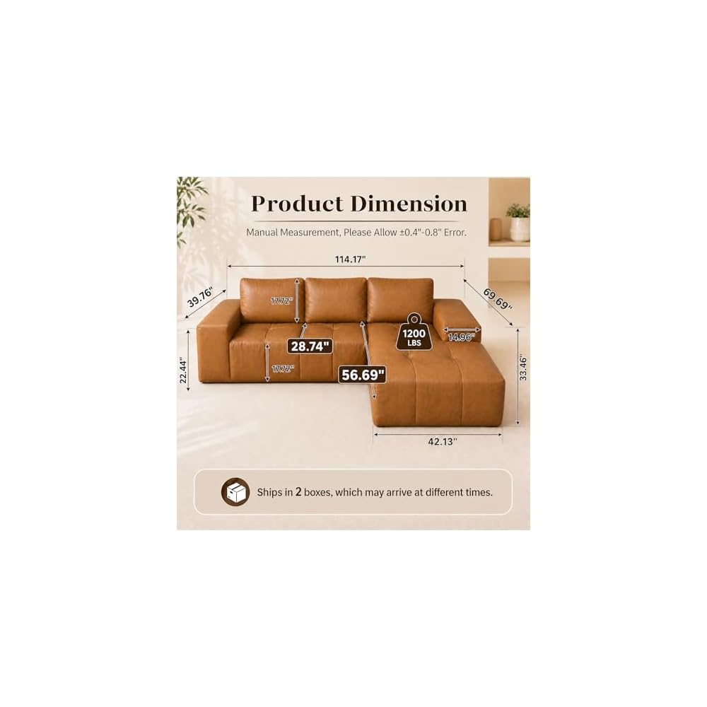 Boneless Faux Leather Sectional Couches 114”, Modular Sofa for Living Room