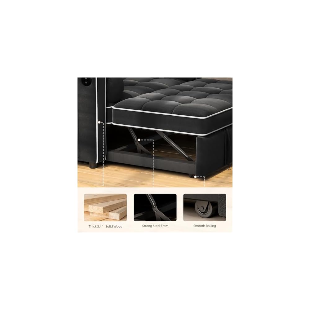 3 in 1 Sleeper Sofa Bed with Adjustable Backrest, Black Velvet
