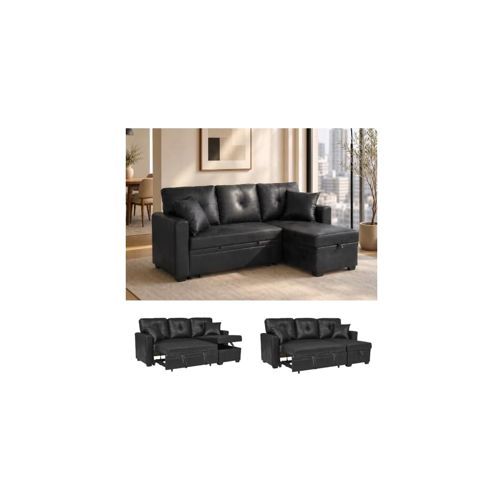 71" L-Shaped Couch with Pull-Out Bed, Leather-Look Fabric, Black