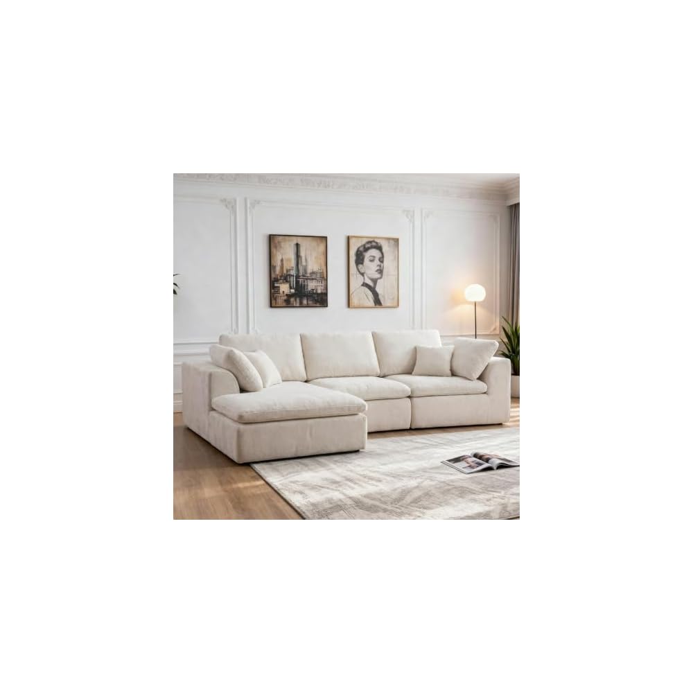 Boneless Sectional with Chaise, 110" L-Shaped Cloud Couch for Living Room, Deep Seat Chenille Floor Sofa, Frameless Modular Lounge Set (Beige, Left Facing Chaise)