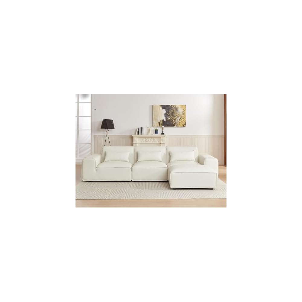 134" Oversized Minimalist-Modern Modular Sectional Sofa, Low Profile Feather Deep Seats Upholstered in Imitation Leather, White