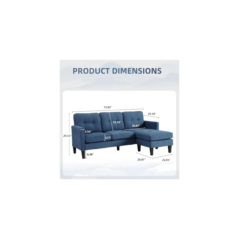 74'' L Shaped Small Couch with Chaise, Lounge Sectional Couch with Movable Ottoman, Sleeper Sofa for Apartment Size, Small Sectional for Living Room, Office, Guest Room & Small Spaces, Blue