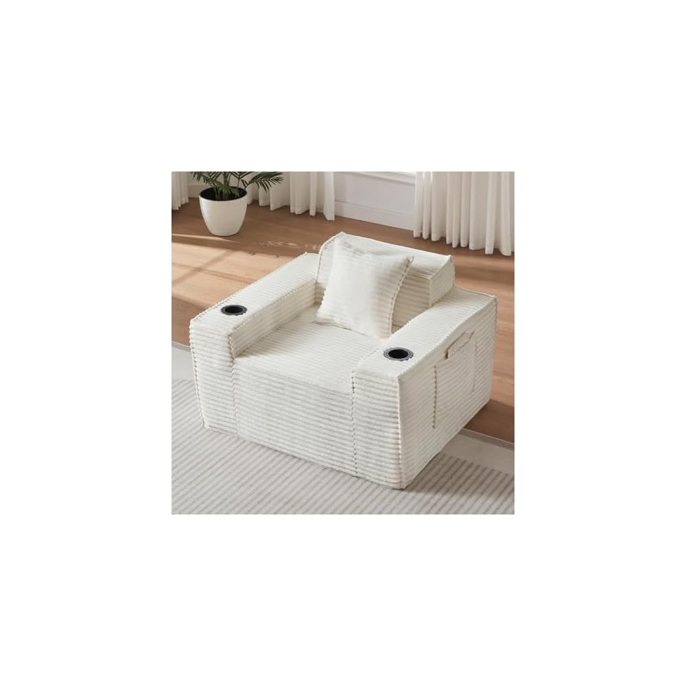 43.3" Boneless Chair for Living Room, 1 Seater Cloud Sofa with Sidepockets & Cupholders, Corduroy Floor Chair with Pillows Modern Singles Sofa Chair for Living Room, Small Space, White