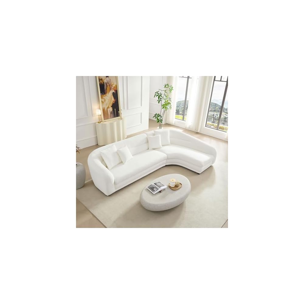 125" Curved Oversized Boucle Modular Sectional Sofa with Right Chaise, Upholstered 4-Seater Comfy Couch with 40D High-Density Rebound Foam & 4 Pillows, Easy Assembly, for Living Room, White
