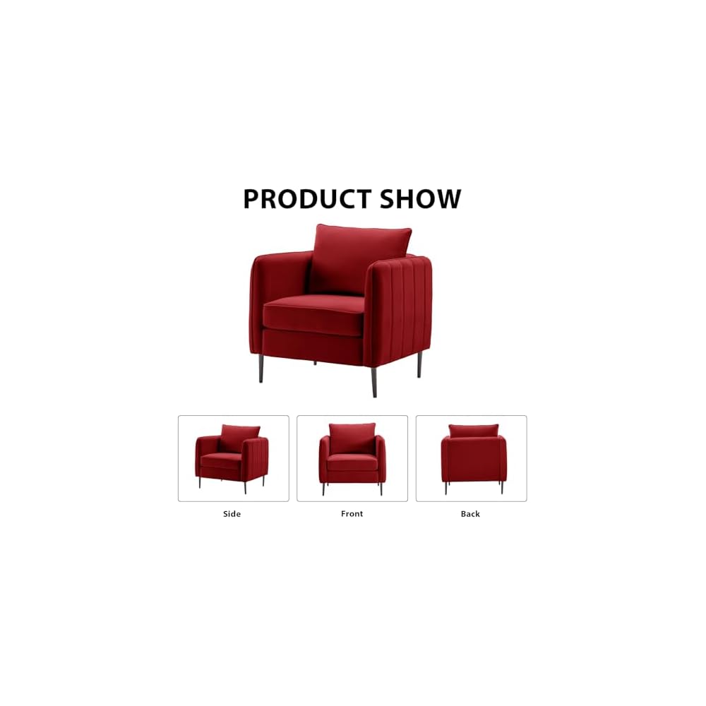 Modern Velvet Accent Chair, Single Sofa Chairs Armchair with Square Arm, Upholstered Accent Chairs for Living Room, Bedroom, Apartment (Burgundy Chair)