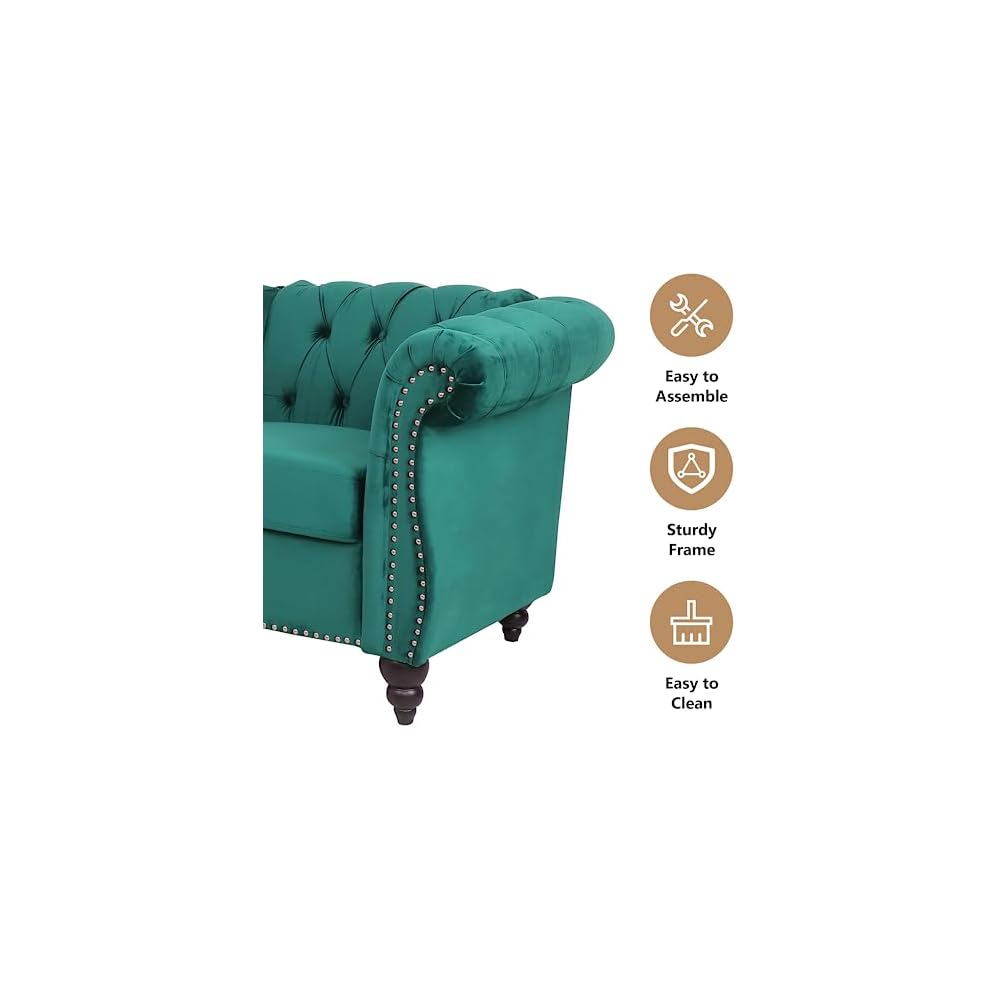 Home Sofa Living Room Furniture, 3 Seater 84" Velvet Upholstered Couch, Mid Century Modern Comfy Couch with Cushions, Classic Tufted Chesterfield Couches for Bedroom, Office, Apartment (Green)