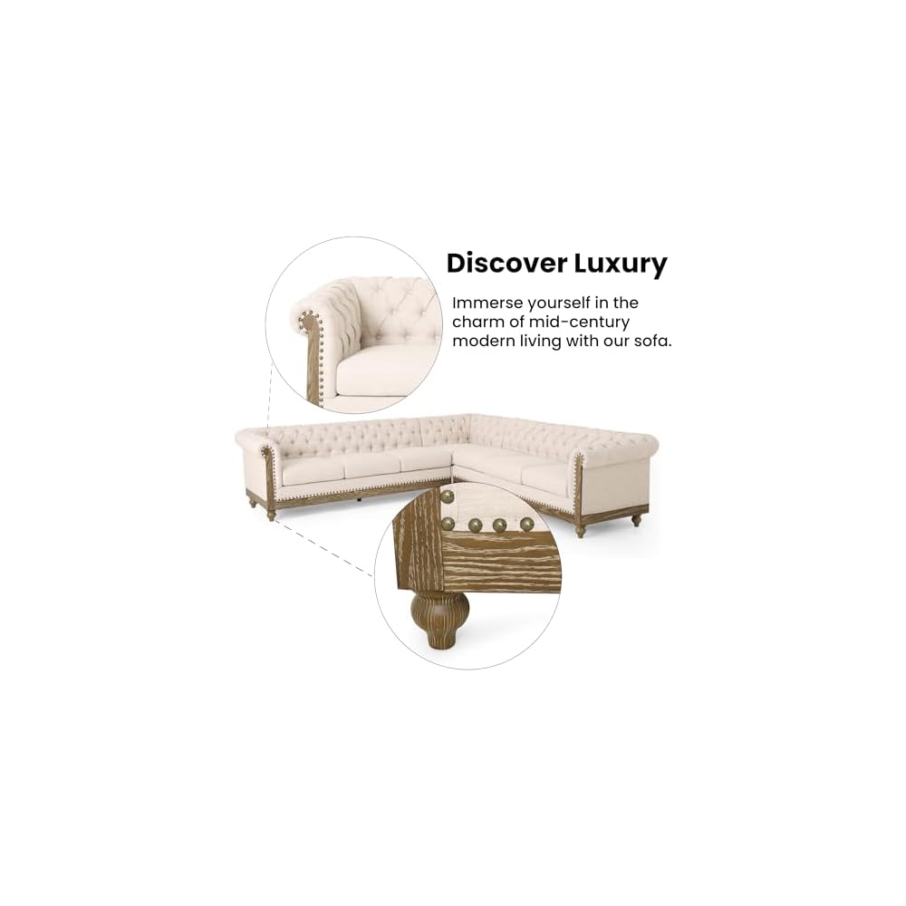 Chesterfield Sofa, Retro Upholstered 6 Seater Rolled Arm Couch for Living Room Bedroom Office, Beige