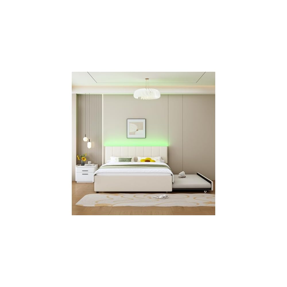 Queen Size Upholstered Platform Bed with Pull-Out Trundle Bed