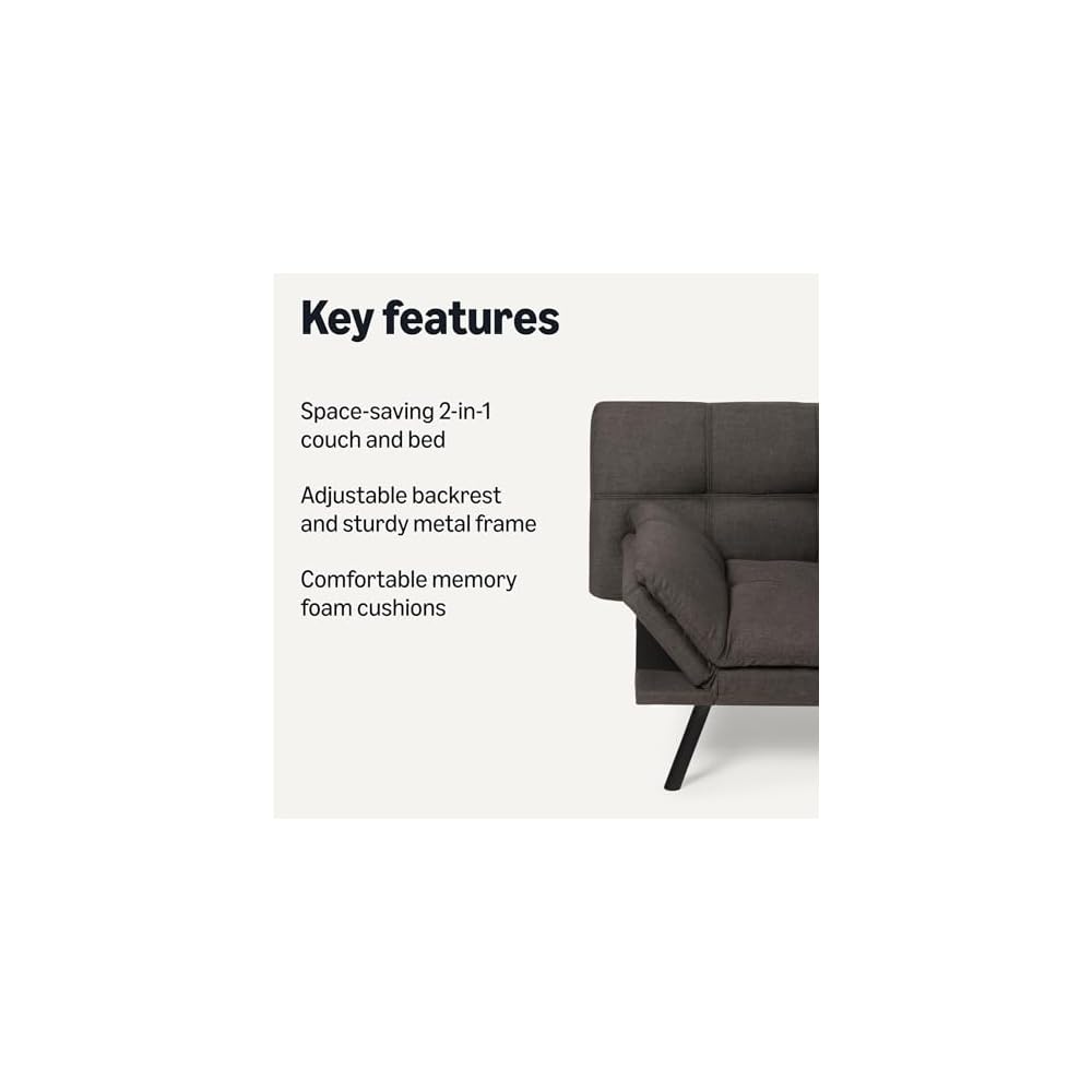 Futon Sofa Bed, Convertible Memory Foam Sofa Couch with Adjustable Positions for Small Living Room, Office, Apartment, Dark Grey Linen Fabric