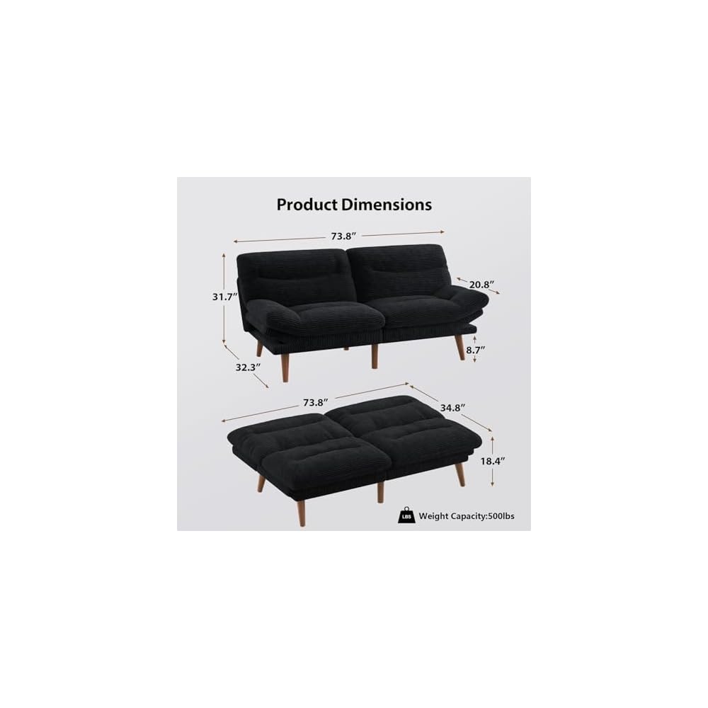 Futon Sofa Bed, Modern 66" Futon Couch Convertible to Bed & Lounger, Compact Size, Corduroy Loveseat, Durable Construction - Fits Small Spaces, Apartments,Study Room(Ink Black, 66 Inch)