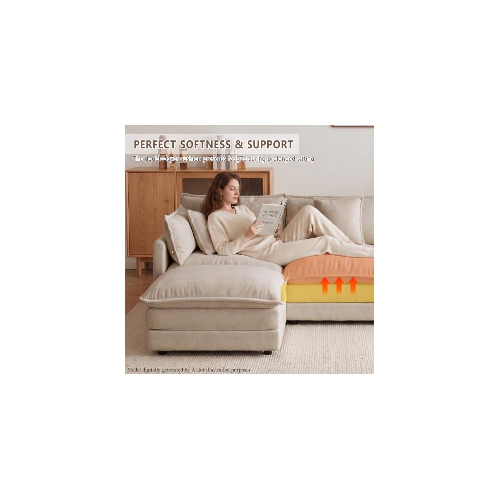 103.8" L-Shaped Modular Sectional Couch with Ottoman, Cloud Sofa