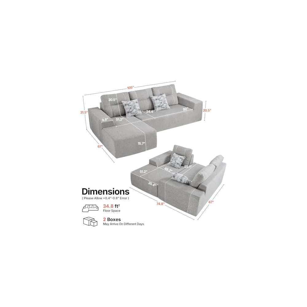 105" Boneless Couches for Living Room, Cloud Couch Modular Sectional Sofa Bed Convertible, Sleeper Sofa With Latex-like Cushion & Throw Pillow, No assembly required, Chenille Fabric 8512 (Gray)