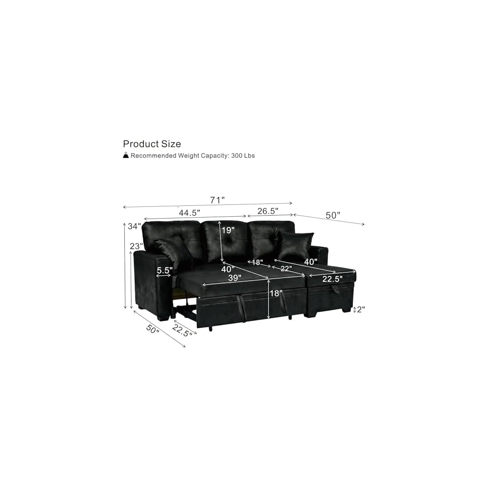 71" L-Shaped Couch with Pull-Out Bed, Leather-Look Fabric, Black