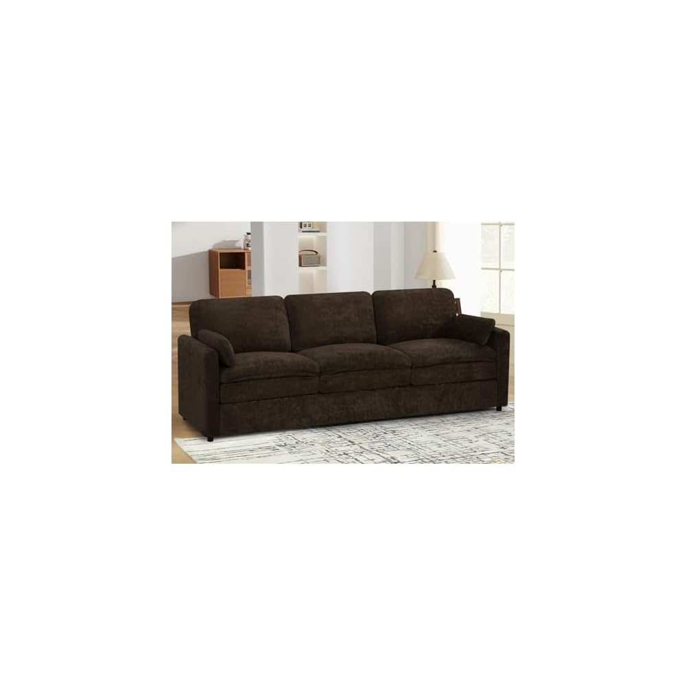 89" Chenille Modern Sofa w/Plump Backrests, Brown