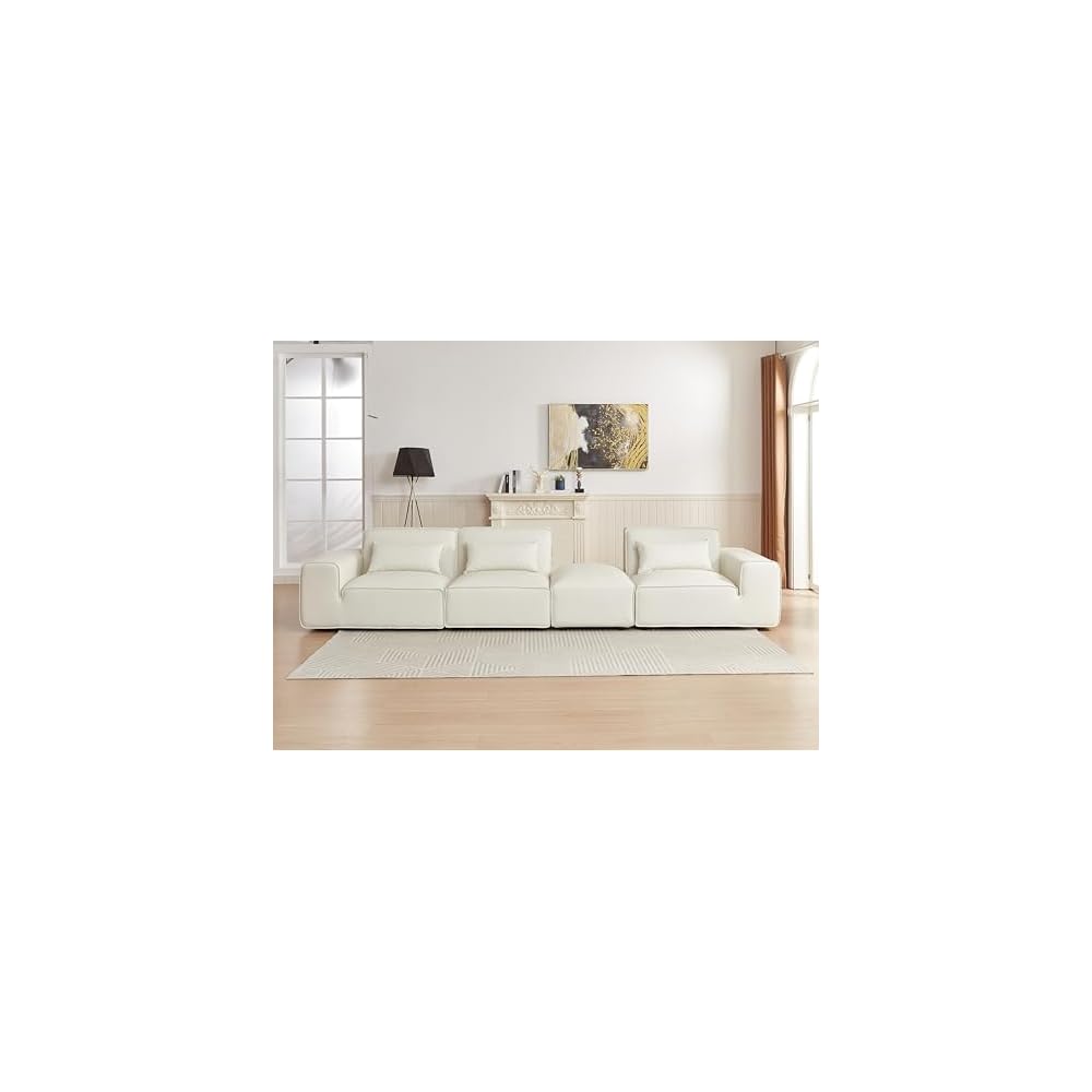 134" Oversized Minimalist-Modern Modular Sectional Sofa, Low Profile Feather Deep Seats Upholstered in Imitation Leather, White