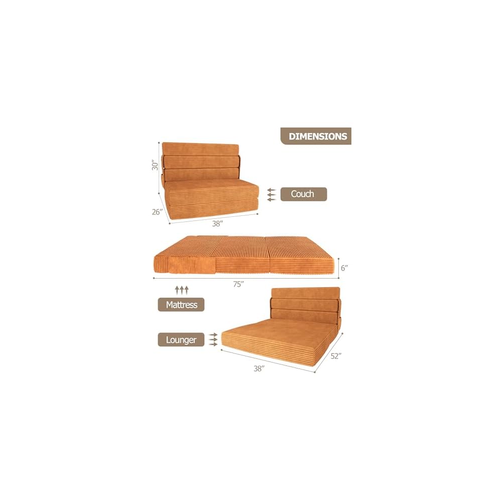 5-Fold Folding Sofa Bed Twin, No Assembly for Dorm/Apartment Brown