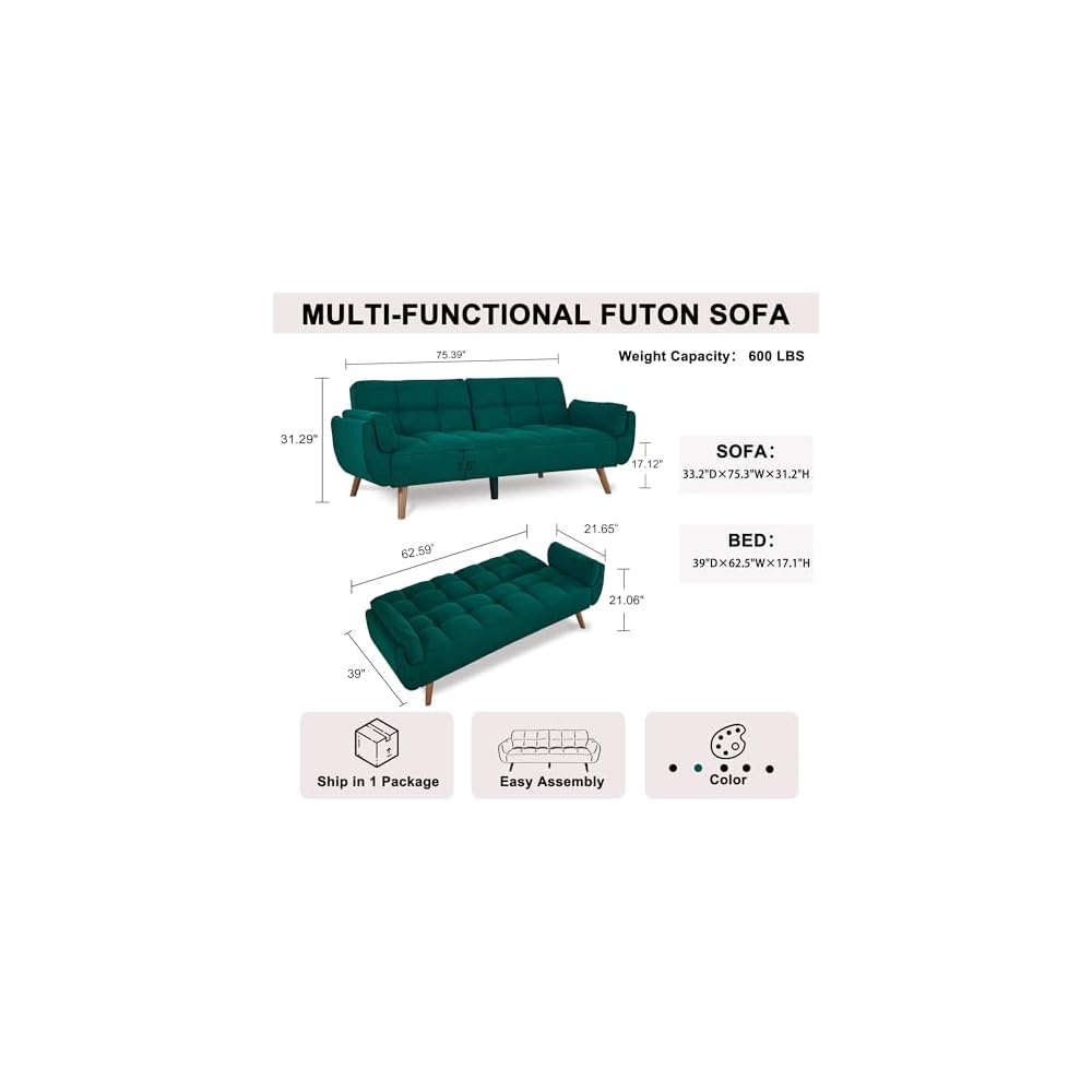 Convertible Futon Couch Bed, Sleeper Sofa Bed with Adjustable Backrests, Linen Futon Sofa 3 Seater Comfy Couch for Small Spaces, Living Room, Bedroom(Green, 75")