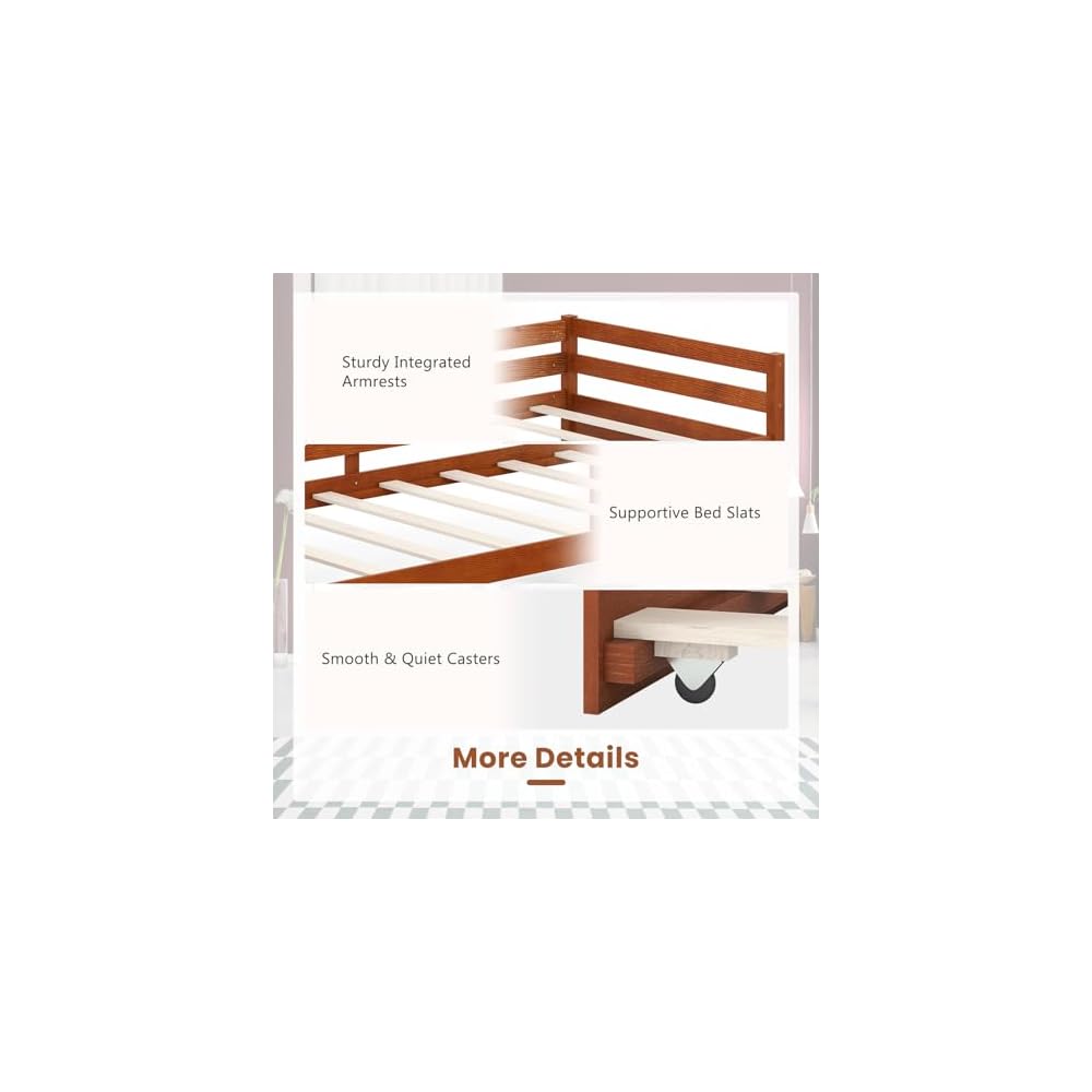 Twin Daybed with Trundle, Wood Trundle Bed with Wood Slat Support, Mid Century Day Bed Frame for Living Room Guest Room, No Box Spring Needed, Walnut