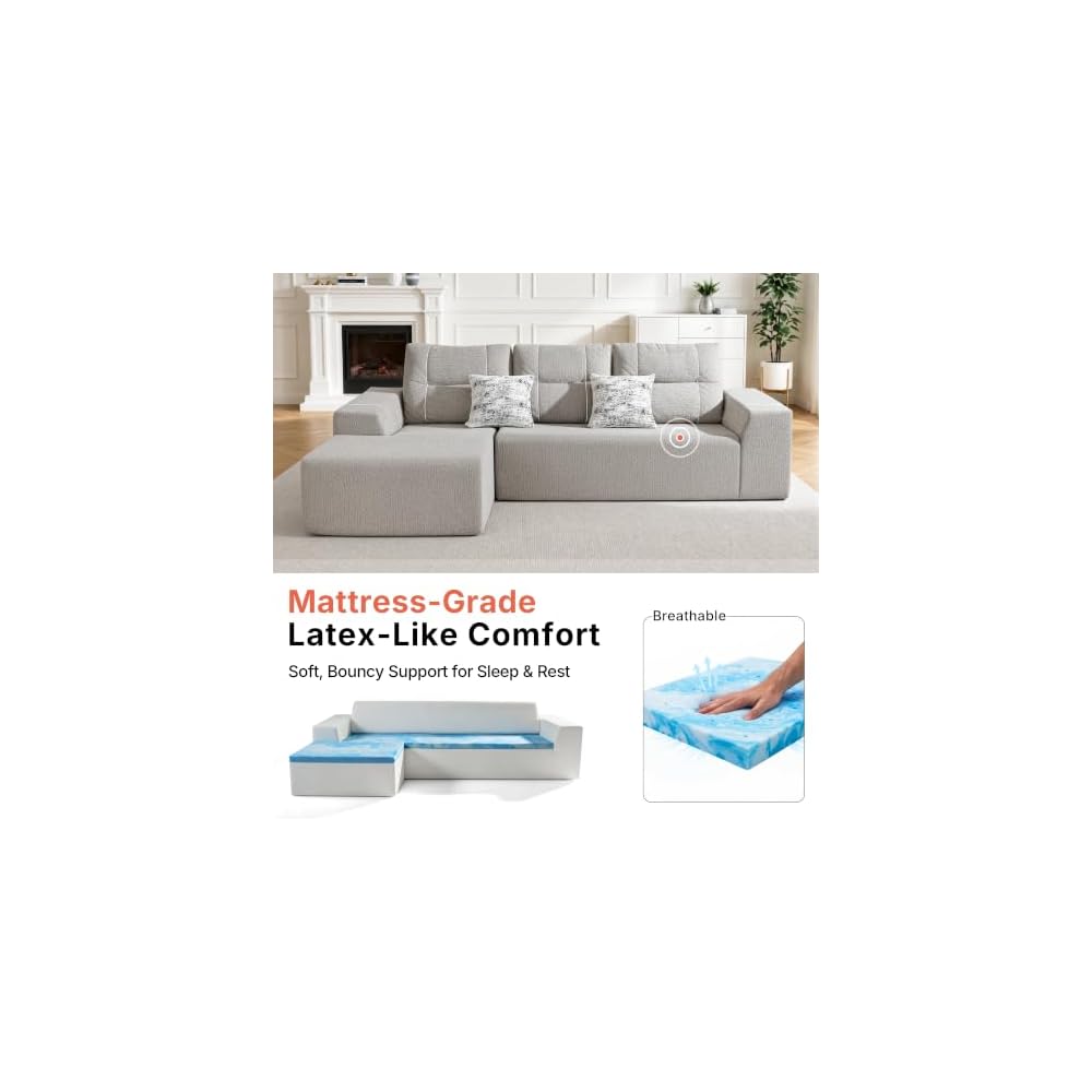 105" Boneless Couches for Living Room, Cloud Couch Modular Sectional Sofa Bed Convertible, Sleeper Sofa With Latex-like Cushion & Throw Pillow, No assembly required, Chenille Fabric 8512 (Gray)